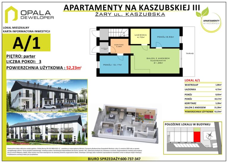 Karta lokalu mieszkalnego z rzutem i opisem funkcjonalnym przestrzeni.