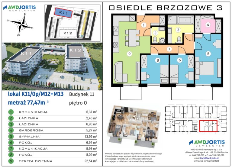 Plansza projektowa z rzutami lokali i zagospodarowaniem terenu.