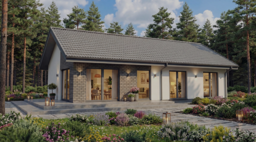 Nowoczesny dom parterowy z dużymi przeszkleniami i ogrodem – wizualizacja 3D architektury.