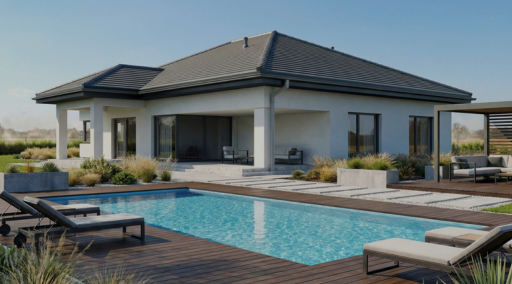 Parterowy dom z basenem, tarasem i minimalistyczną architekturą – wizualizacja 3D.