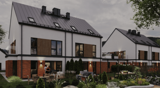 Zabudowa szeregowa nowoczesnych domów z ciemnym dachem i ogródkami.