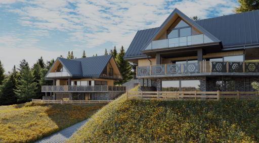 Dom w stylu nowoczesnej stodoły na tle pola i zabudowy mieszkaniowej.