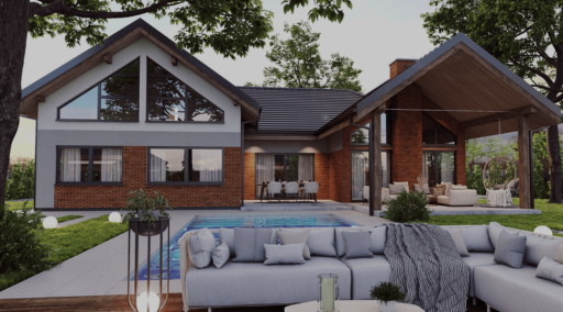 Nowoczesny dom z drewnianą elewacją i strefą wypoczynkową na tarasie.