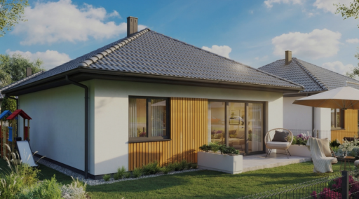 Parterowy dom jednorodzinny z dużymi oknami i oświetlonym tarasem.