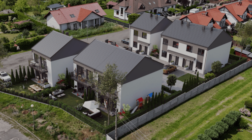 Wizualizacja osiedla domów jednorodzinnych z lotu ptaka.