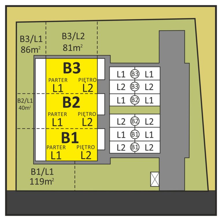 Plan inwestycji z oznaczeniem budynków i układu działki – wizualizacja deweloperska.