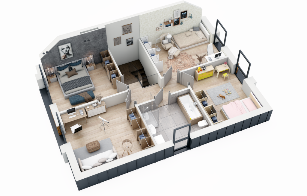 Rzut mieszkania 3D z układem pomieszczeń – wizualizacja izometryczna.