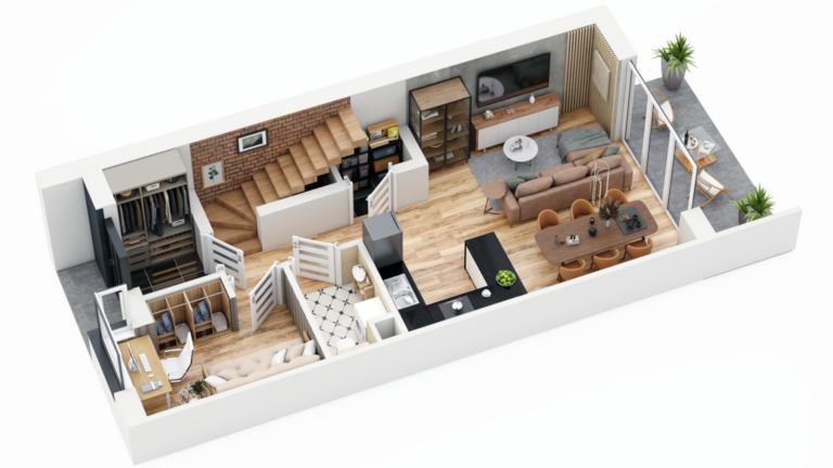 Przestrzenny plan mieszkania z salonem, schodami i wydzieloną częścią nocną.