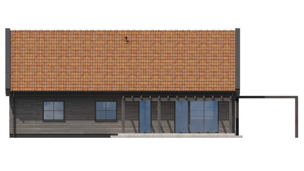 Fragment elewacji domu z ceglaną ścianą i dużymi przeszkleniami.