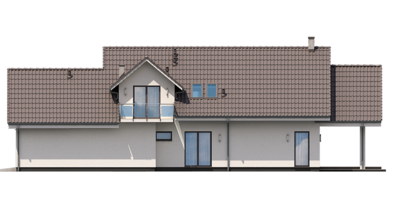 Elewacja domu jednorodzinnego z dwuspadowym dachem – wizualizacja architektoniczna 3D.