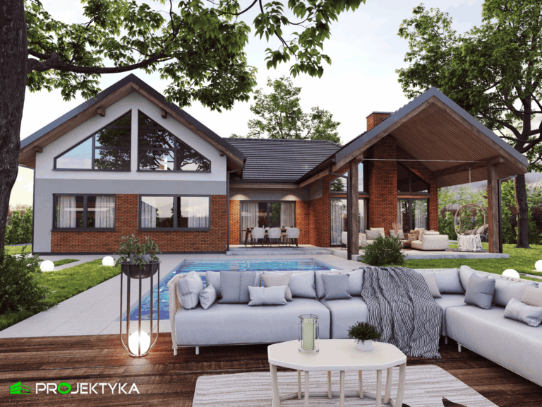 Nowoczesny dom z tarasem i basenem w ogrodzie – realistyczna wizualizacja 3D inwestycji.