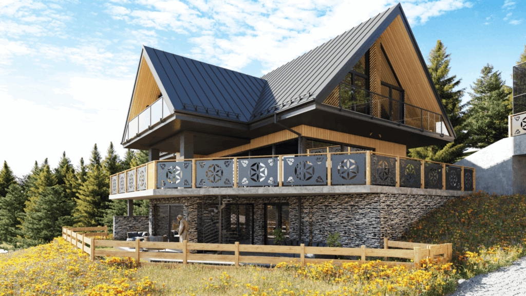 Dom w stylu nowoczesnej stodoły z drewnianą elewacją – wizualizacja architektoniczna 3D.