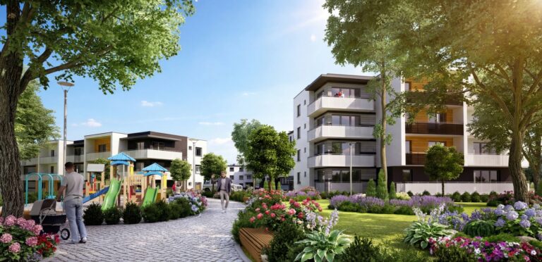 Nowoczesny budynek wielorodzinny z balkonami, zielenią i alejką wejściową.