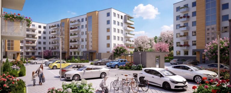 Nowoczesny budynek wielorodzinny w centrum – wizualizacja inwestycji deweloperskiej.