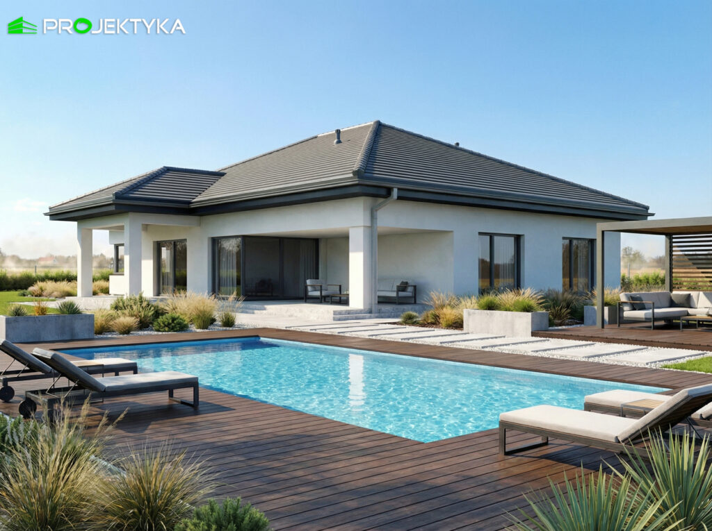 Nowoczesny dom z basenem – realistyczna wizualizacja 3D inwestycji.