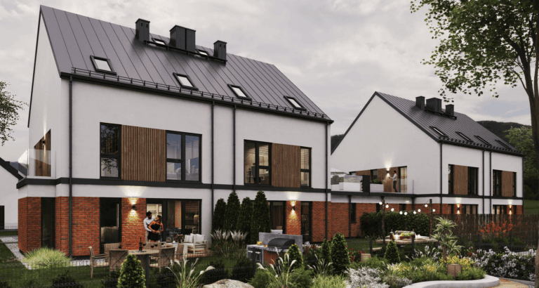 Zabudowa szeregowa nowoczesnych domów – wizualizacja architektoniczna osiedla.