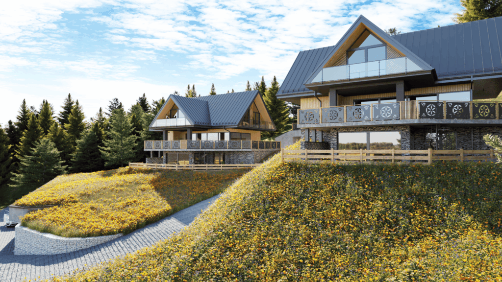 Dom z drewnianą elewacją – wizualizacja architektoniczna 3D.