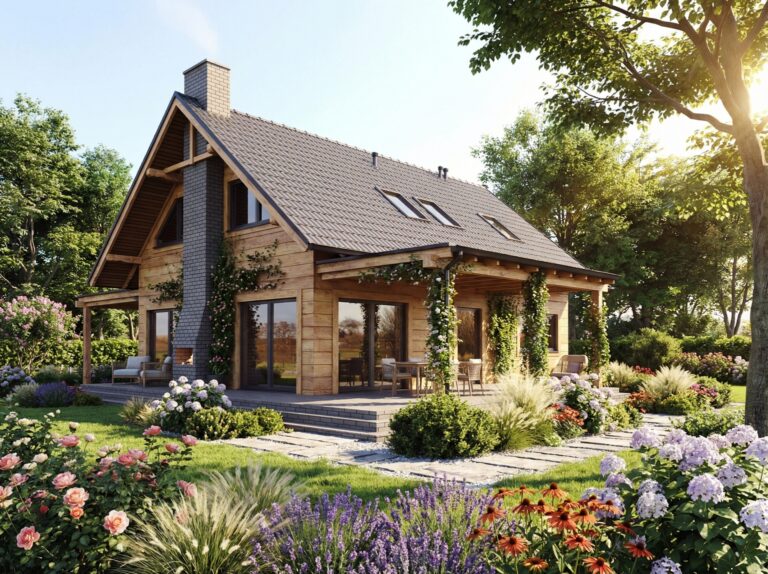 Dom jednorodzinny z ogrodem i kwiatami – wizualizacja 3D architektury.