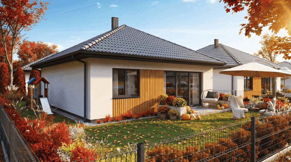 Klasyczny dom jednorodzinny z ogrodem i podjazdem – wizualizacja 3D domu.