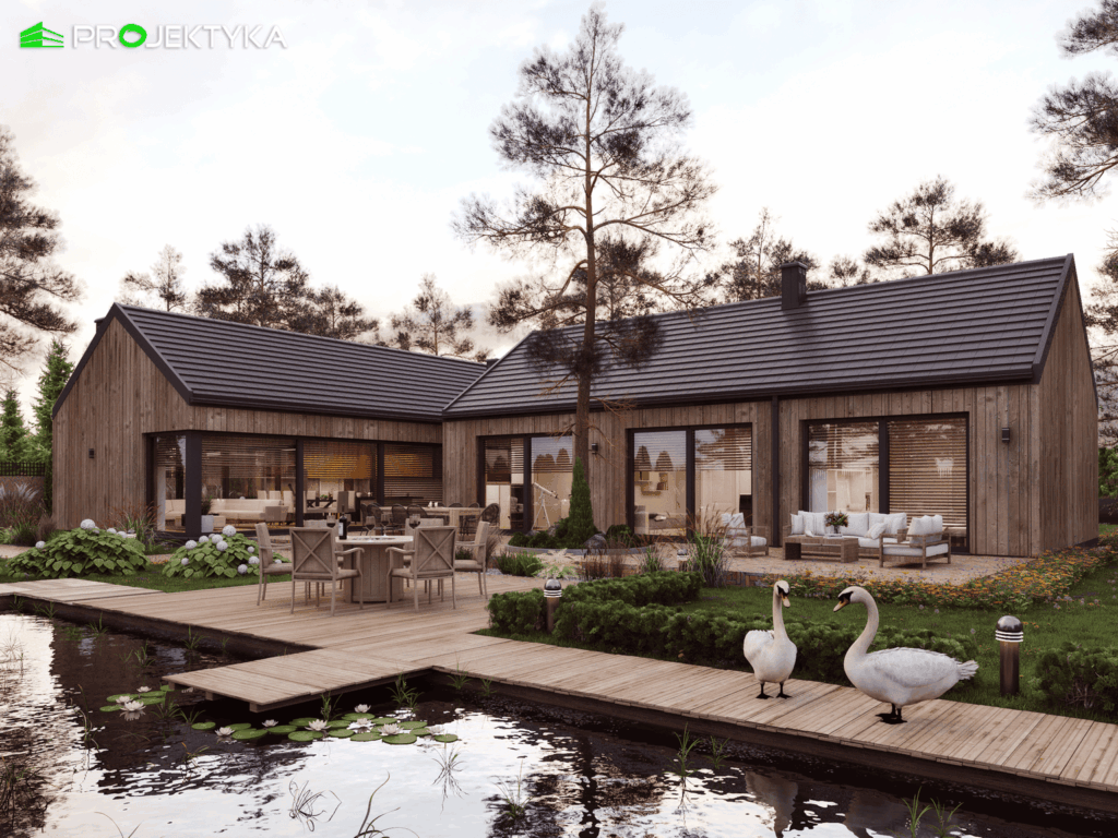 Nowoczesna willa z ogrodem i dużymi przeszkleniami – wizualizacja 3D domu.