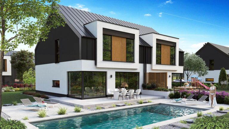 Nowoczesny dom jednorodzinny z basenem i ogrodem – wizualizacja 3D.