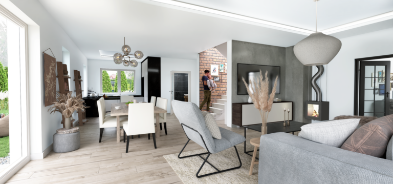 Salon z aneksem kuchennym i minimalistycznym designem – wizualizacja wnętrza 3D.