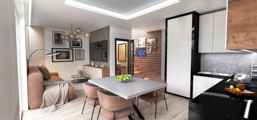 Jadalnia z drewnianym stołem i nowoczesnym wystrojem wnętrza.