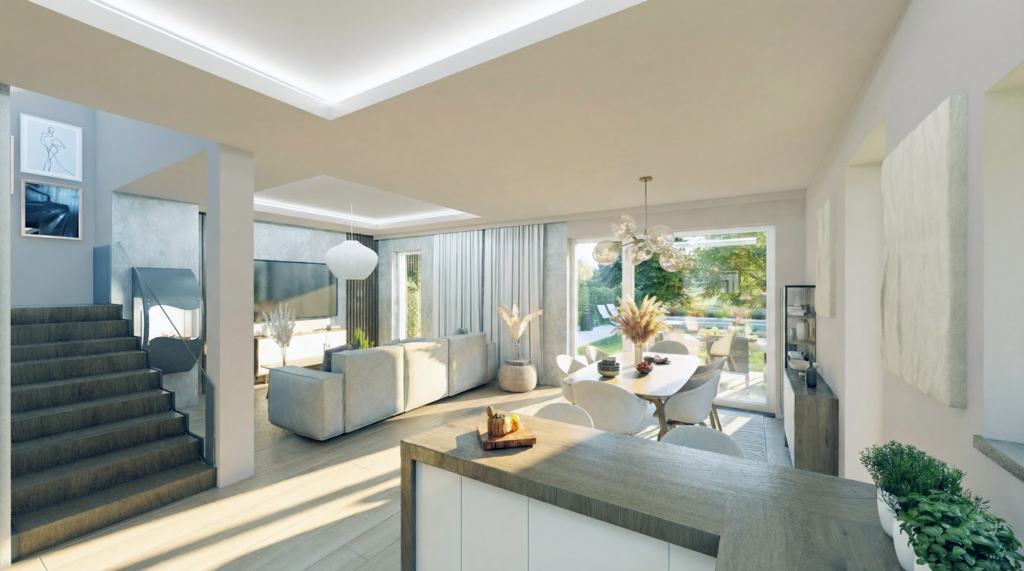 Nowoczesne wnętrze salonu z kuchnią i dużymi przeszkleniami.