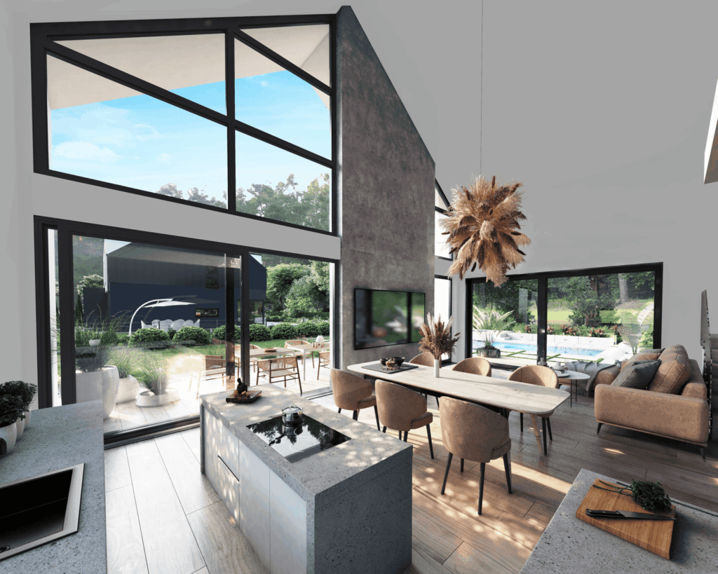 Nowoczesne wnętrze salonu z dużymi przeszkleniami – wizualizacja wnętrza 3D.