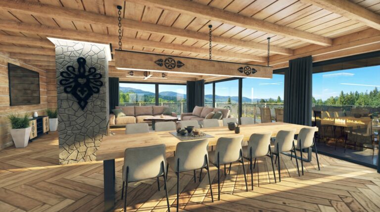 Wnętrze jadalni z drewnianym sufitem i dużymi przeszkleniami.